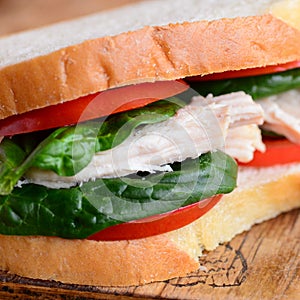 Healthy chicken sandwich recipe. Homemamde chicken sandwich with tomatoes and spinach on a wooden board. Closeup