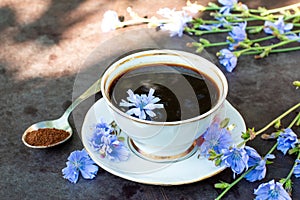 Healthy chicory drink in cup decorated chicory flowers.Herbal beverage, coffee substitute