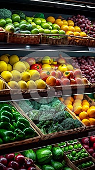 Healthy choices varied fruits and vegetables showcased on supermarket shelf