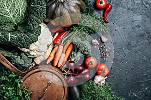 Healthy, clean food cooking and eating concept. Copper pan, colorful autumn vegetables on dark background. Top view photo