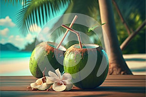 Healthy coconuts on tropical beach background photo