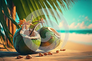 Healthy coconuts on tropical beach background photo