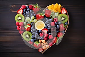 Healthy and colorful fuit in heart shaped bowl