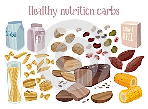 Healthy complex carbohydrates products. Diet food concept. Different cereals and beans, pasta, potatoes, corn.