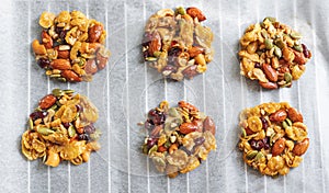 Healthy cookie, Cereal grain mixed with various nuts, dry cranberry and honey