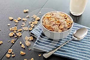 Healthy Corn Flakes with milk for Breakfast on table
