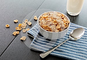 Healthy Corn Flakes with milk for Breakfast on table, food and drink