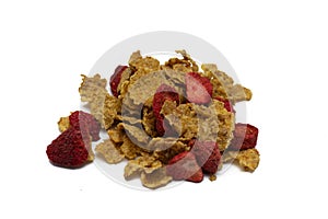 Healthy cornflakes with strawberry on white background texture