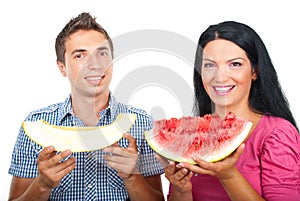 Healthy couple with watermelon and melon