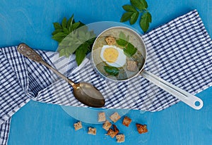 Healthy cream soup from aegopodium with croutons and egg in a bucket on a checkered napkin, top view photo