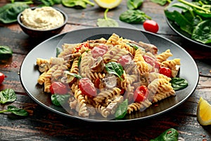 Healthy Creamy Hummus pasta with mushroom and roast tomatoes. vegan vegetarian, plant based.