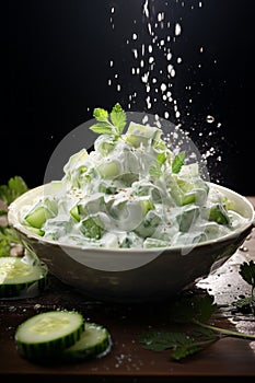 Healthy cucumber salad made with crisp cucumber slices, creamy Greek yogurt, and fragrant mint leaves, creating a light and