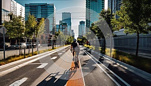 Healthy cyclist speeds through city traffic rush hour generated by AI