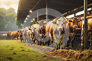 Healthy dairy cows feeding on fodder standing in row of stables in cattle farm