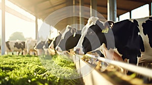 Healthy dairy cows feeding on fodder standing in row of stables in cattle farm barn with worker adding food for animals