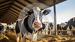 Healthy dairy cows feeding on fodder standing in row of stables in cattle farm barn with worker adding food for animals