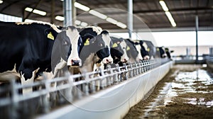 Healthy dairy cows feeding on fodder standing in row of stables in cattle farm barn with worker adding food for animals