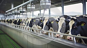Healthy dairy cows feeding on fodder standing in row of stables in cattle farm barn with worker adding food for animals