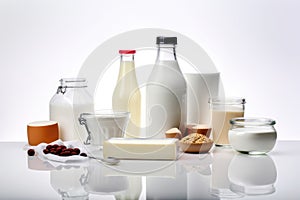 Healthy dairy products on white background. Generative AI