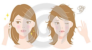 Healthy and damaged hair and women illustration. hair care and beauty concept
