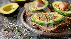 healthy and delicious avocado toast on a wooden table, perfect for breakfast, with space for text