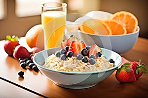 A healthy and delicious breakfast bowl filled with oatmeal, fresh berries, and juicy oranges, Healthy breakfast featuring oatmeal