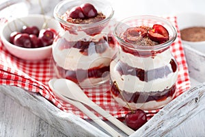 Healthy dessert with creme fraiche jam and chocolate
