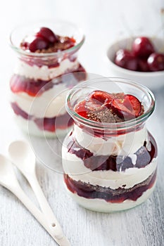 Healthy dessert with creme fraiche jam and chocolate