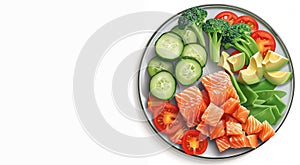Healthy diet breakfast of pieces of red salmon, green cucumbers, avocado, broccoli and red tomatoes, on a plate