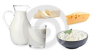 Healthy diet. Collage with different dairy products on white background
