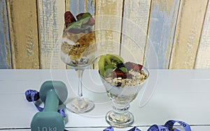 Healthy Diet concept with Delicious fruit, greek yogurt and granola parfaits as weight lose