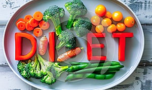 Healthy diet concept with DIET spelled out in vegetables on a plate with broccoli, carrots, and beans, symbolizing nutritious food