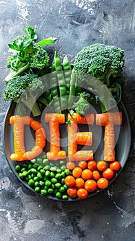 Healthy diet concept with DIET spelled out in vegetables on a plate with broccoli, carrots, and beans, symbolizing nutritious food