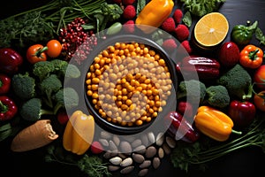 A healthy diet concept. Flat lay image of fresh vegetables, berries, beans, nuts and greens.