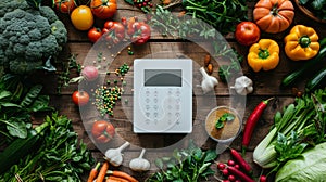 Healthy diet, digital kitchen scale surrounded by fresh produce