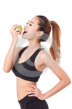 Healthy diet eating woman holding apple for weightloss