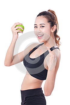 Healthy diet eating woman holding apple for weightloss