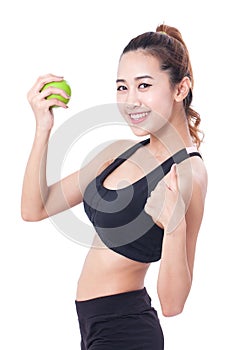 Healthy diet eating woman holding apple for weightloss and showing thump up