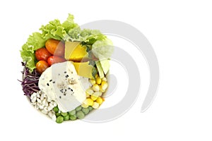 Healthy and diet food , fresh vegetable salad lettuce, tomato, pumpkin, carrot, corn, millet, cucumber, purple cabbage, peanuts