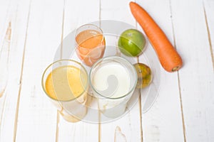 Healthy diet Fruits and vegetables juice ready to drink on wooden table