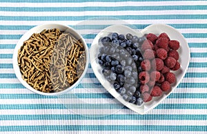 Healthy diet high dietary fiber breakfast with bowl of bran cereal and berries