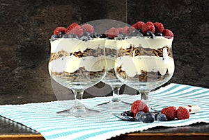 Healthy diet high dietary fiber breakfast with bran cereal, yoghurt and berries sundaes photo