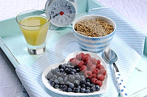 Healthy diet high dietary fiber breakfast on vintage tray photo
