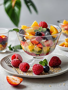 Healthy diet, light fresh fruit salad in a white bowl on a white background, strawberries and tropical fruits