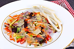 Healthy, diet: Mushrooms mun, bamboo shoots, soy sprouts, pepper