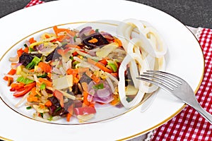 Healthy, diet: Mushrooms mun, bamboo shoots, soy sprouts, pepper