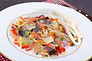 Healthy, diet: Mushrooms mun, bamboo shoots, soy sprouts, pepper