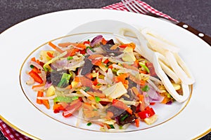 Healthy, diet: Mushrooms mun, bamboo shoots, soy sprouts, pepper