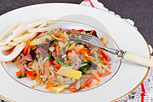 Healthy, diet: Mushrooms mun, bamboo shoots, soy sprouts, pepper