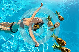 Healthy Diet, Nutrition. Woman With Pineapples In Pool ( Water )